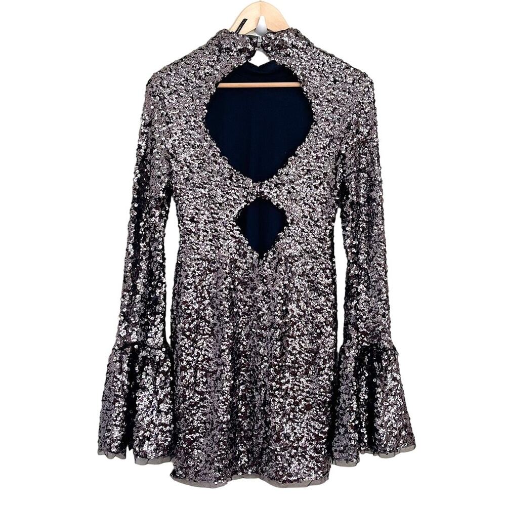 Free People Mini Dress Size S Black Sequin Disco Bell Sleeve Whimsigoth Party - Picture 2 of 8